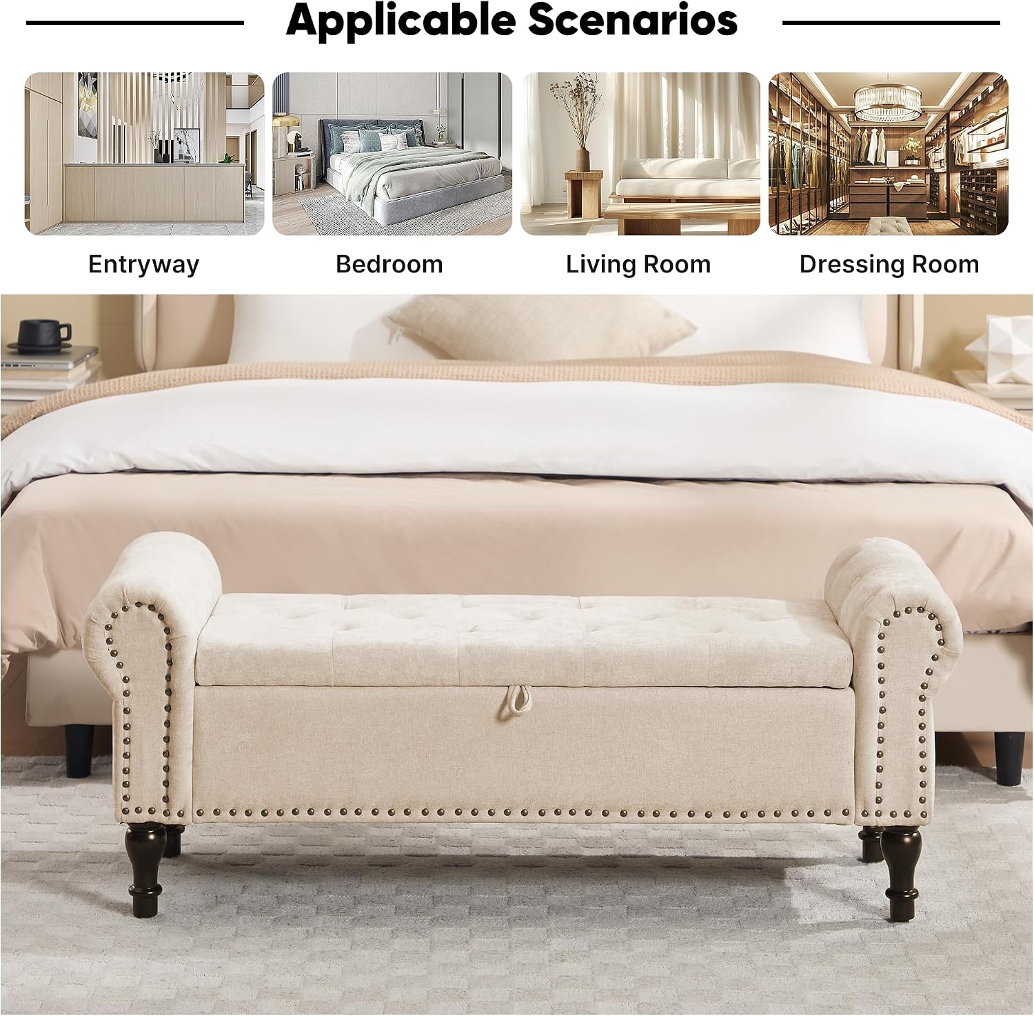 51' Storage Bench for Bedroom, Chenille End of Bed Bench, Queen Size Bench with Rolled Arms, Tufted Storage Ottoman Benches, Upholstered Bench for Bedroom, Living Room, Entryway, Camel