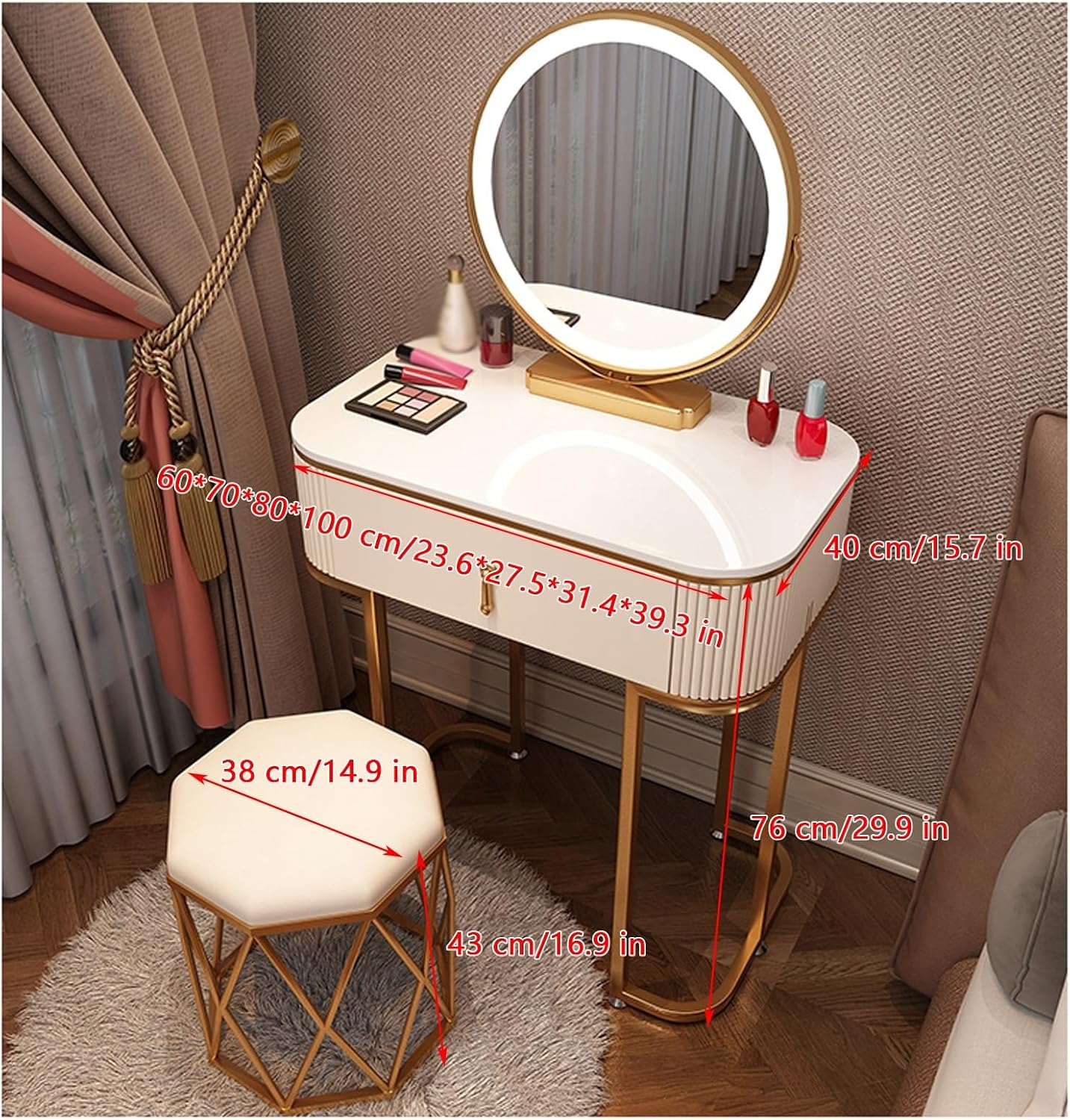 Vanity with Mirror Vanity Desk with Mirror Vanity Desk with Mirror and Lights Widened Storage Large Storage Capacity Curved Corners compartmentalized Storage Suitable for,A-60 * 40 * 76 cm