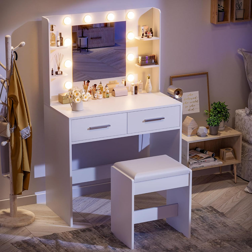 JUMMICO Makeup Vanity Desk with Mirror and Lights Power Outlet, Vanity Table Makeup Desk 2 Drawers, 6 Storage Shelves Hairdryer Holder & Bench Dressing Table for Bedroom (White, with Bench)