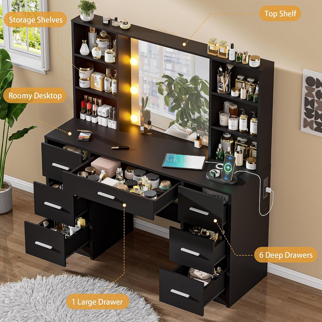 Vanity Desk with Mirror and LED Lights, Large Vanity with 7 Drawers and 6 Shelves, Make up Vanity Dressing Table with Charging Station for Girls, Women (Black)