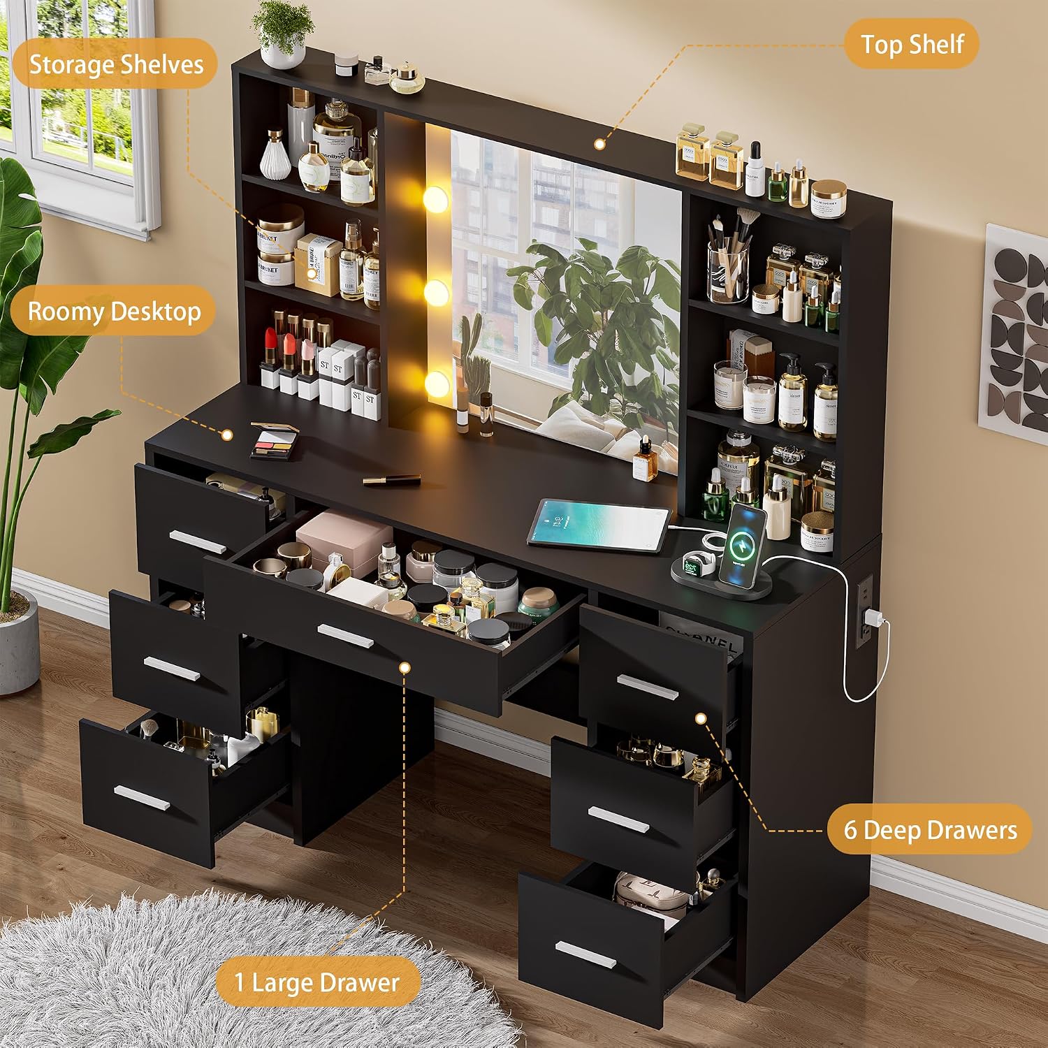Vanity Desk with Mirror and LED Lights, Large Vanity with 7 Drawers and 6 Shelves, Make up Vanity Dressing Table with Charging Station for Girls, Women (Black)