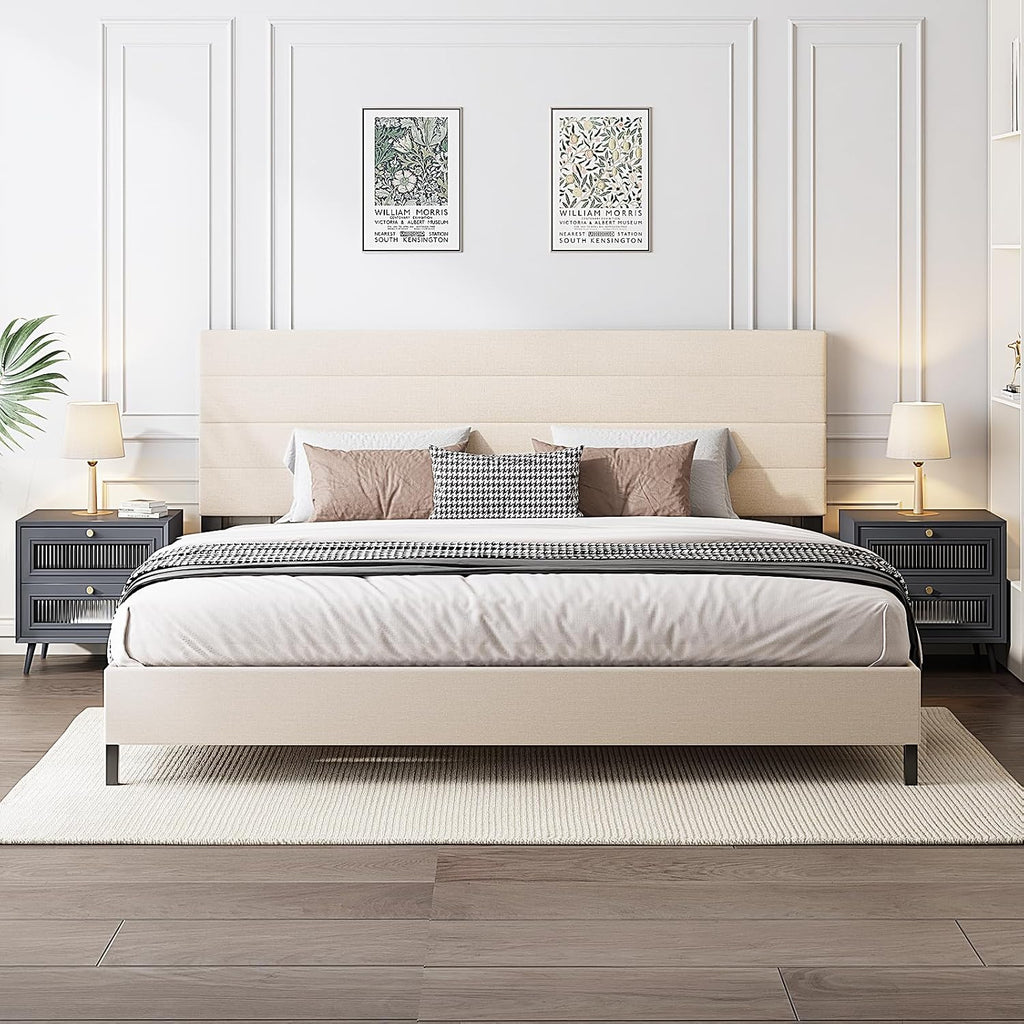 Furnihome King Size Bed Frame, Modern Upholstered Bed Frame King with Adjustable Linen Headboard, Wooden Slats Support Platform, No Box Spring Needed,Easy Assembly,Beige
