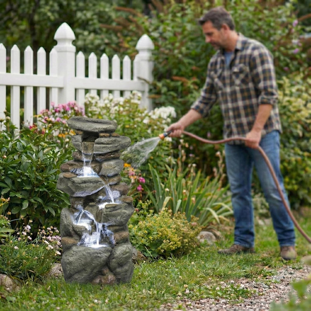 Outdoor Water Fountain Large - Stone Fountains with LED Light for Patio Yard Garden Backyard Decking Outdoor or Entryway Decor 30''