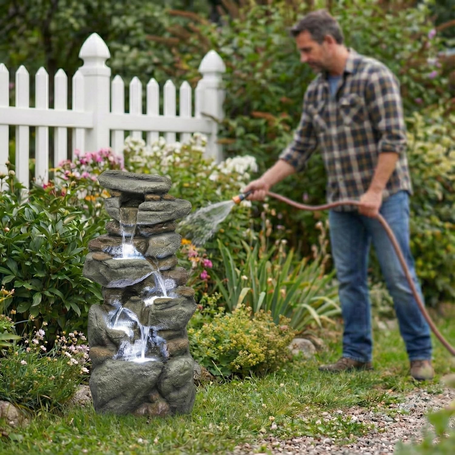 Outdoor Water Fountain Large - Stone Fountains with LED Light for Patio Yard Garden Backyard Decking Outdoor or Entryway Decor 30''