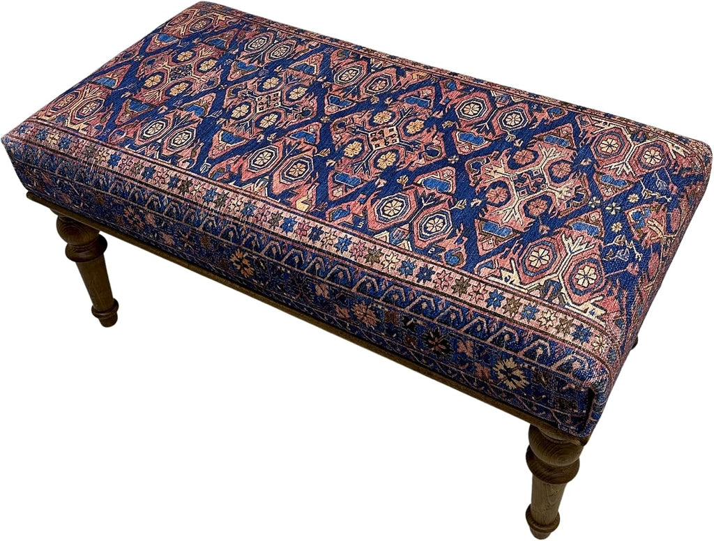 Boho Geometric Rug Upholstered Ottoman Bench, Piano Bench, Blue Decorative Entryway Bench, Bedroom Ottoman, Kitchen Dining Bench, Footstool Ottoman (18x18X36, Blue-Pink)