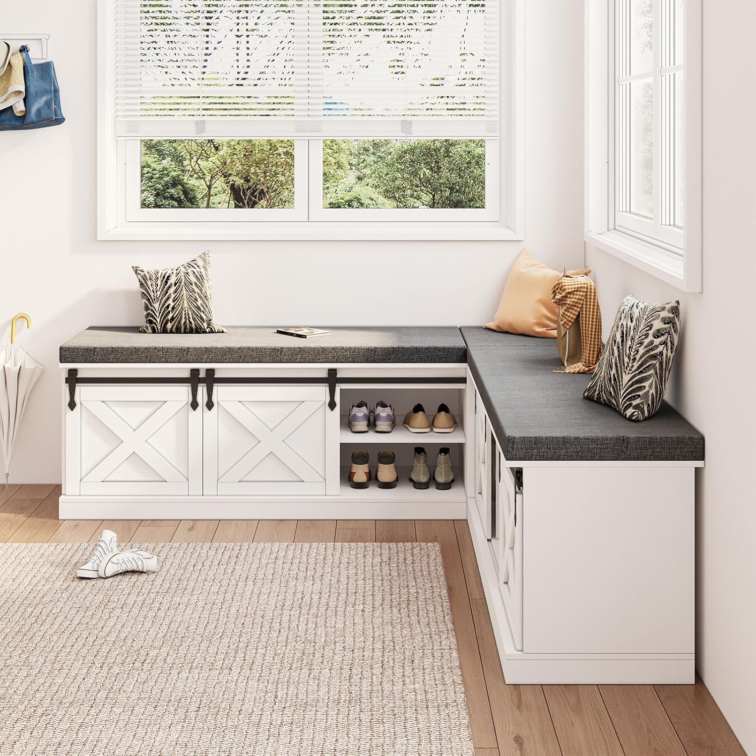 Farmhouse L Shaped Corner Shoe Storage Bench, Corner Bench with Cushion and Sliding Barn Door, 63' Breakfast Nook Benches with Hidden Storage for Entryway, Dining Room, Hallway