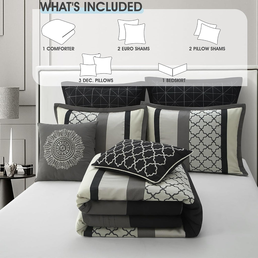 LANCO MODERN LIFESTYLE California King Comforter Set, Black Gray Bedding Set, Jacquard Woven with Embroidery, 8 Pieces Bed in a Bag, Bed Skirt, Shams and Decorative Pillows