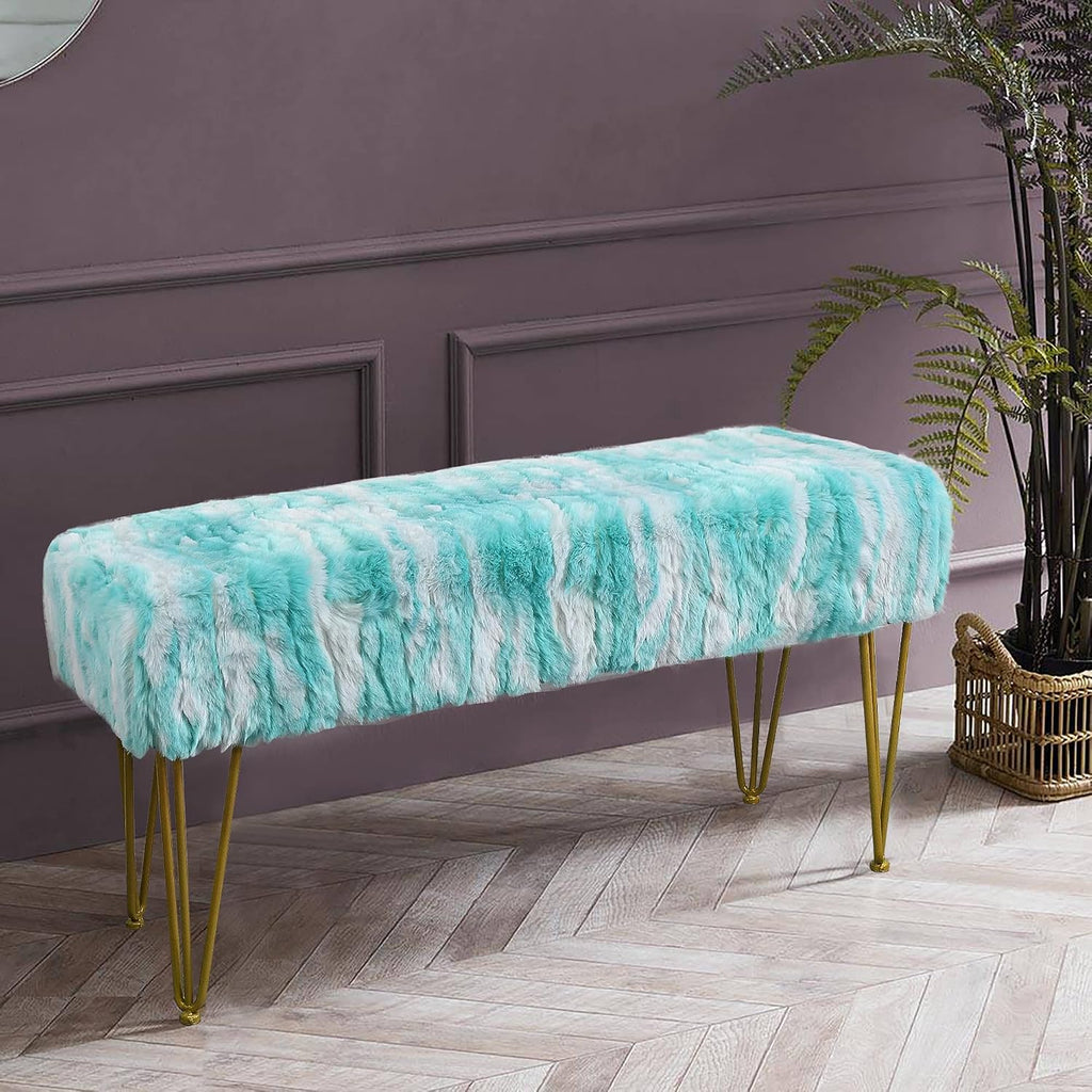 Blue Rectangle Long Bench Soft Faux Fur Ottoman 46'x16'x22' Sturdy Accent Furry Footrest Stool for Bedroom at The End of Bed Fuzzy Coffee Table for Living Room Closet Entryway Golden Legs