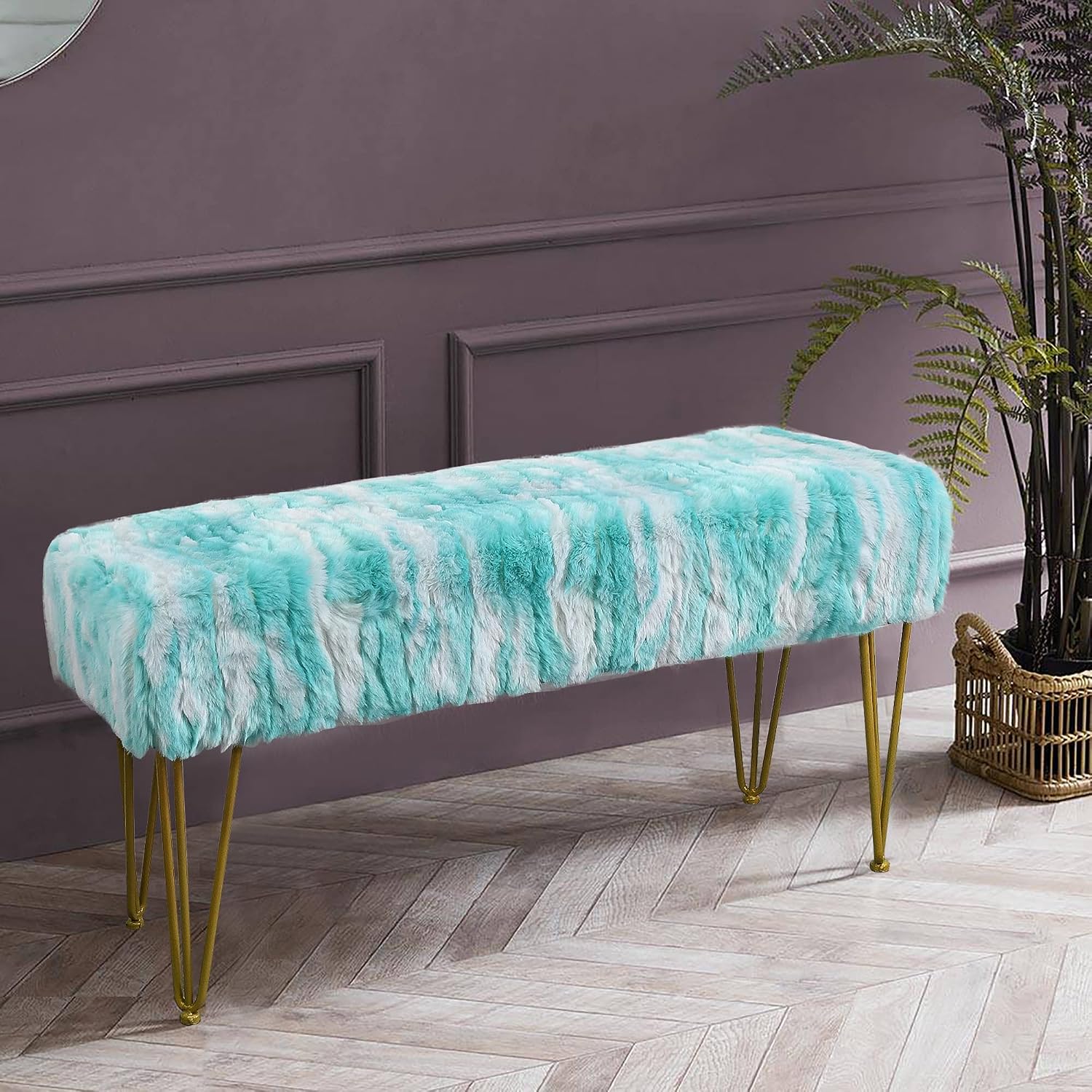 Blue Rectangle Long Bench Soft Faux Fur Ottoman 46'x16'x22' Sturdy Accent Furry Footrest Stool for Bedroom at The End of Bed Fuzzy Coffee Table for Living Room Closet Entryway Golden Legs