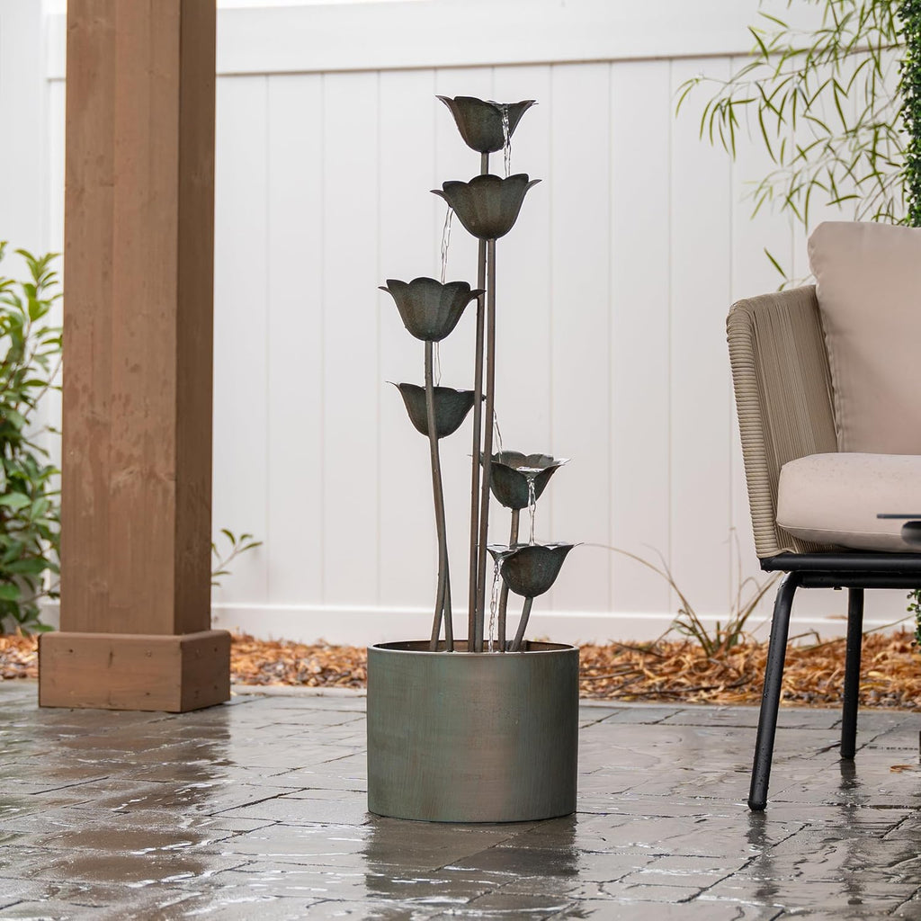XBrand 35' Tall Silver Metal Sculptural Flower Multi-Tier Freestanding Water Fountain for Indoor & Outdoor Use, Decorative Garden Patio Backyard Water Feature