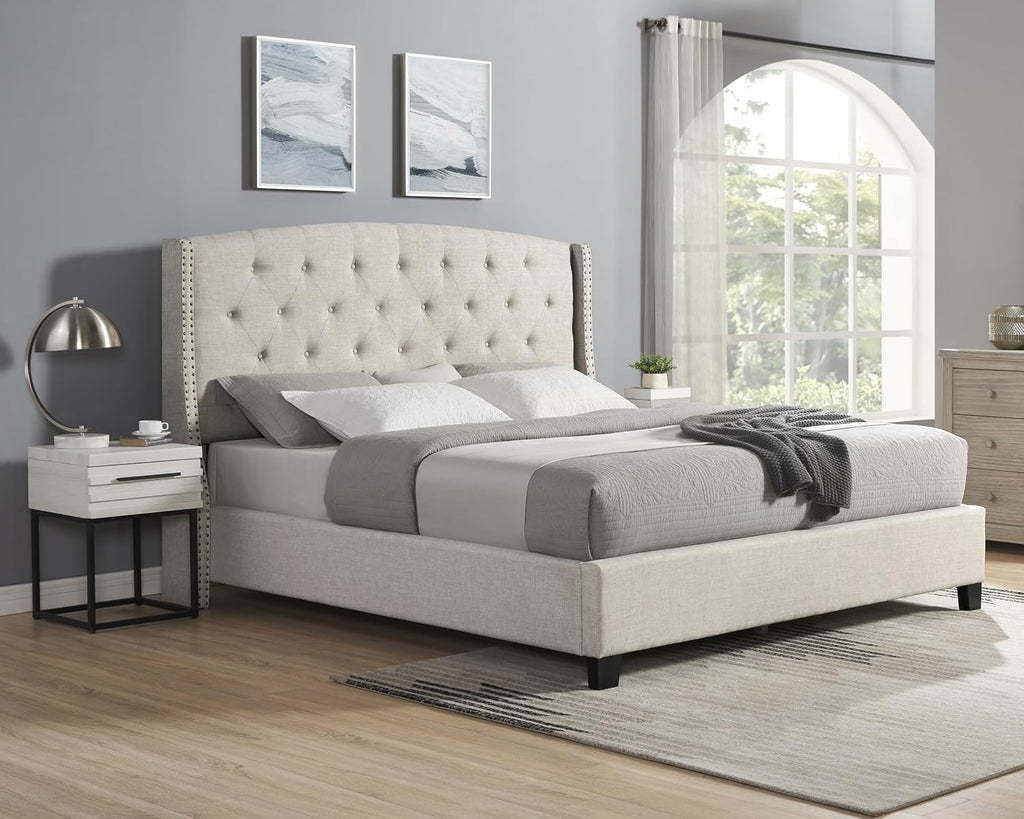Roundhill Furniture Astral 3-Piece Upholstered Bedroom Set, Tufted Wingback Bed with Two White Nightstands, Queen