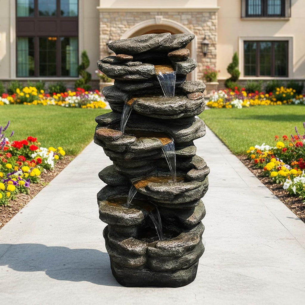 Naturefalls 40inches High Outdoor Rock Water Fountain with LED Lights - 6-Tiers Poly-Resin Cascading Waterfall Fountain for Garden, Patio, Yard, Home Decor