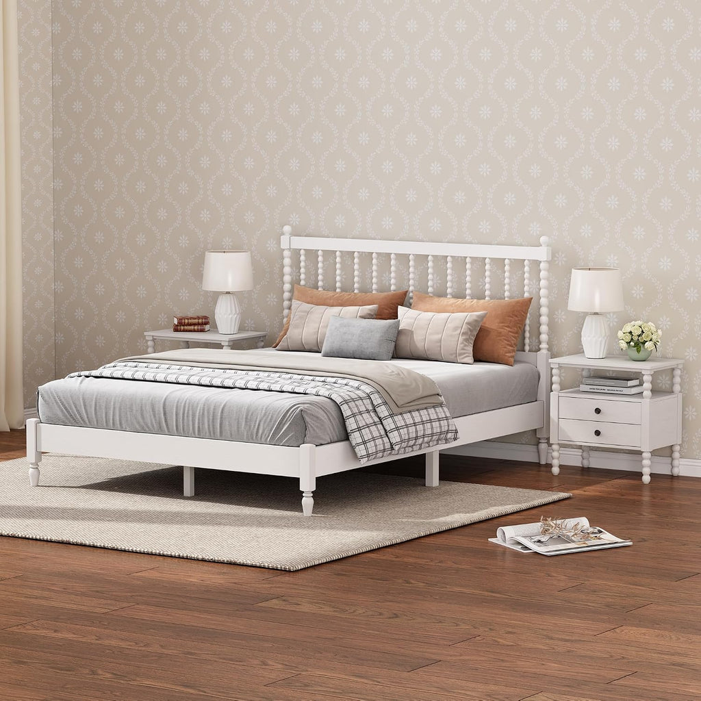 3 s Bedroom Sets King Size Wood Platform Bed with Gourd Shaped Headboard, Antique White