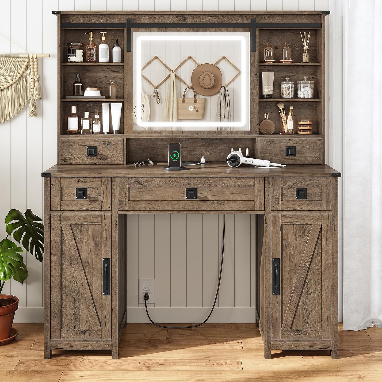 AOGLLATI Farmhouse Makeup Vanity Desk with Lights & Charging Station,Vanity Desk with Mirror and Lights, 47.2' Large Brown Vanity Table with Ample Storage Space and Sliding Mirror (Oak Brown)