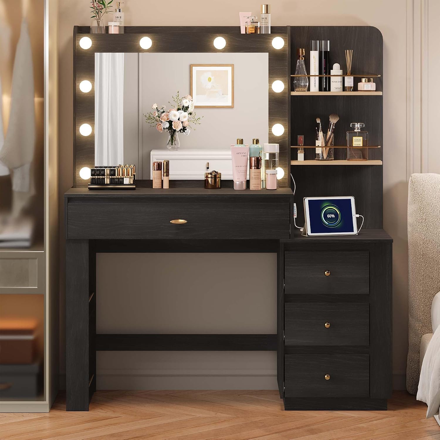 Makeup Vanity Desk with Mirror and 3 Colors Lights, Vanity Table with 10 LED Bulbs & Power Outlet, Large Dressing Table with 4 Drawers, 6 Storage Shelves for Bedroom, Women and Girls, Black