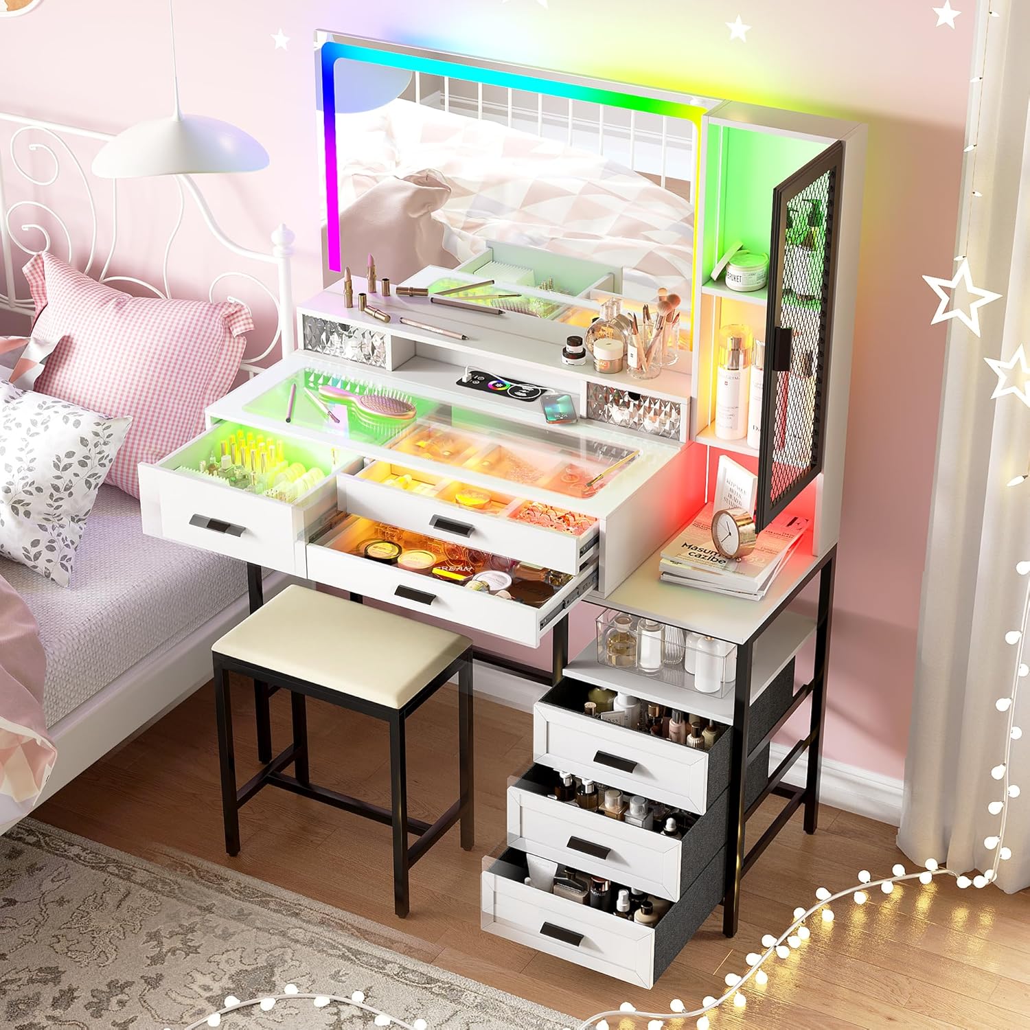 RGB Vanity Desk with Mirror and Lights, 7 Dynamic & 24 Static Dimmable Makeup Vanity Set with Wireless/USB/Type C Charging, Dressing Table with Stool & 6 Drawers (White)