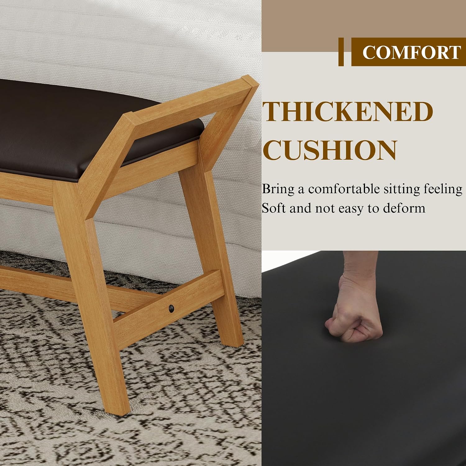 51' End of Bed Bench, Entryway Bench with Solid Wood Frame Fabric Ottoman Bench for Bedroom/Entry/Living Room, PU Leather Black