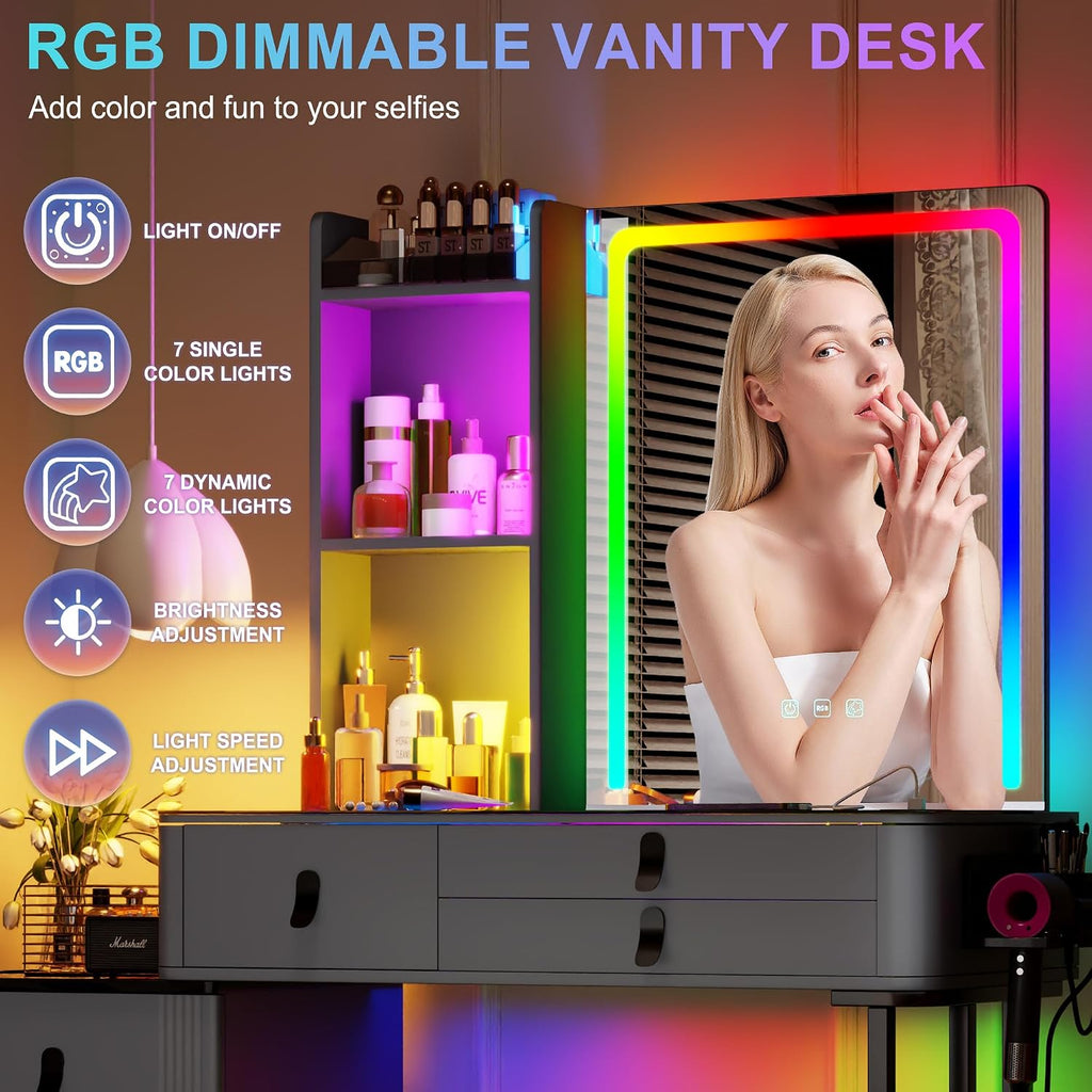 RGB Vanity Desk with Mirror and Lights, Glass Top Makeup Vanity Table with Wireless Charging Station, Dressing Table with Chair & 6 Drawers (Grey)