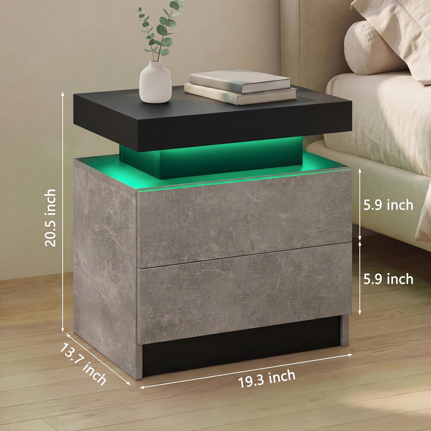 i-aplus Nightstand Set of 2 LED Nightstand with 2 Drawers, Bedside Table with Drawers for Bedroom Furniture, Side Bed Table with LED Light, Grey Black