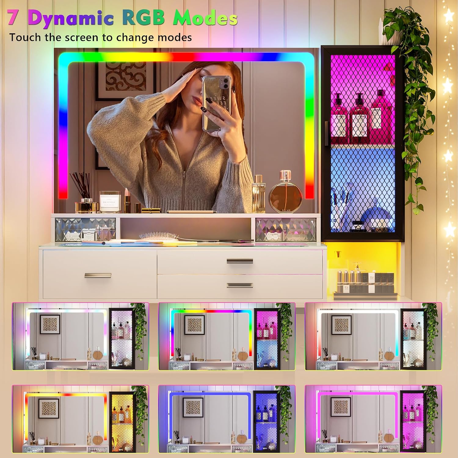 Lvifur RGB Vanity Desk - with Mirror and Lights,7 Dynamic & 24 Static Dimmable Vanity Table Set with Charging Station,Human Sensor LED Vanities w/Glass Top,6 Drawers,Stool,White