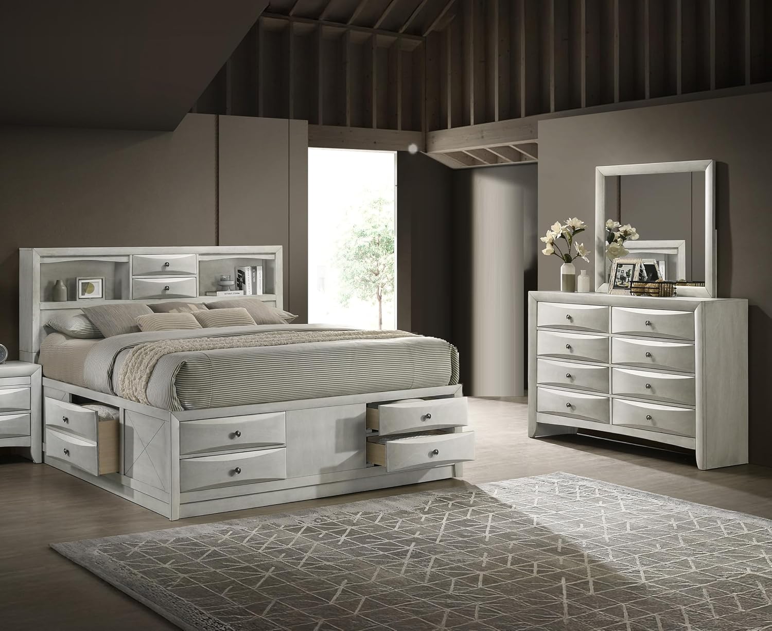 3pc Antique White Finish Bedroom Set Solid Wood Platform King Size Captain's Bed Wooden Furniture