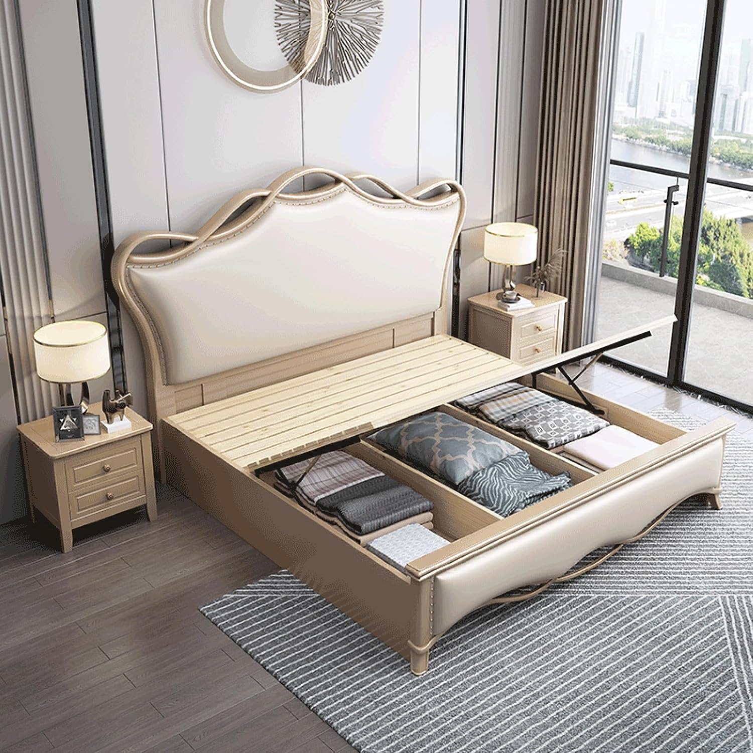 Luxury King Size Genuine Leather Bed Set Thick Padded Headboard Wooden Slats and Metal Frame Support, Lift Up Storage No Box Spring Needed Noise Free