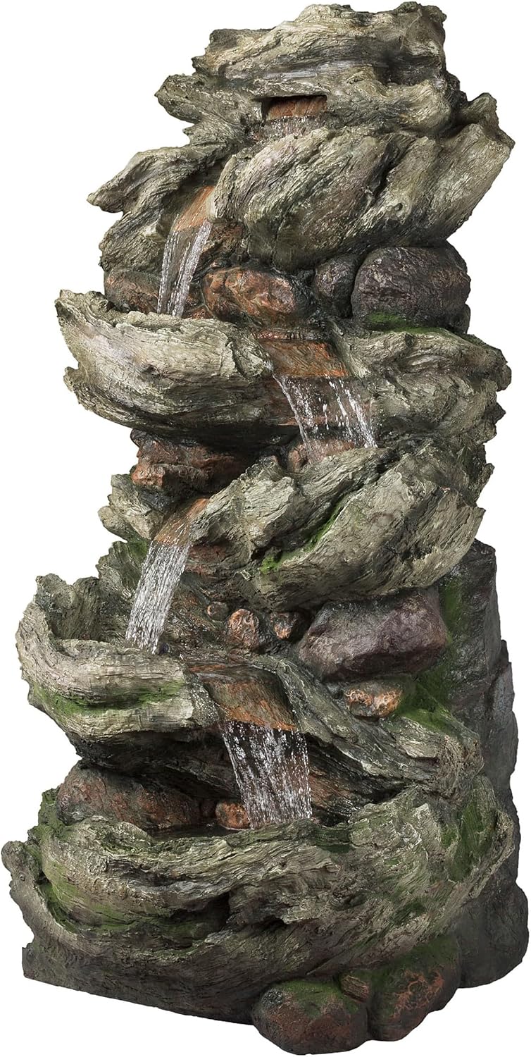 Alpine Corporation WIN1424 81' 5 Tier Rock Water Fountain with LED Lights – Natural Stone Look for Indoor/Outdoor Use, Elegant Cascading Water Feature for Gardens, Patios, or Living Room, Brown