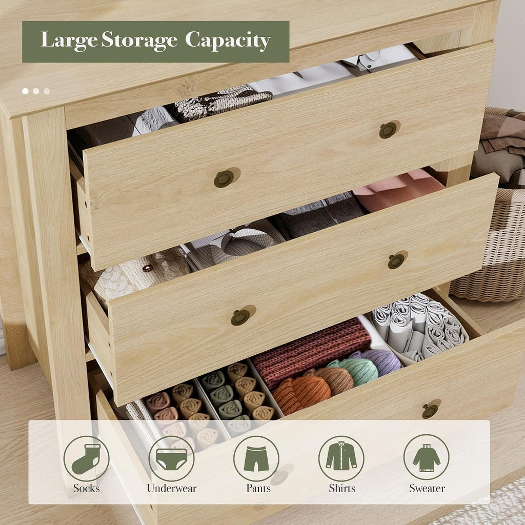 Oversized Dresser for Bedroom with 6 Drawers, Mid Century Modern Wooden Dresser Chest of Drawers with Handles, 3 Drawer Nightstand Set of 2, Storage Organizer for Bedroom, Living Room, Wood
