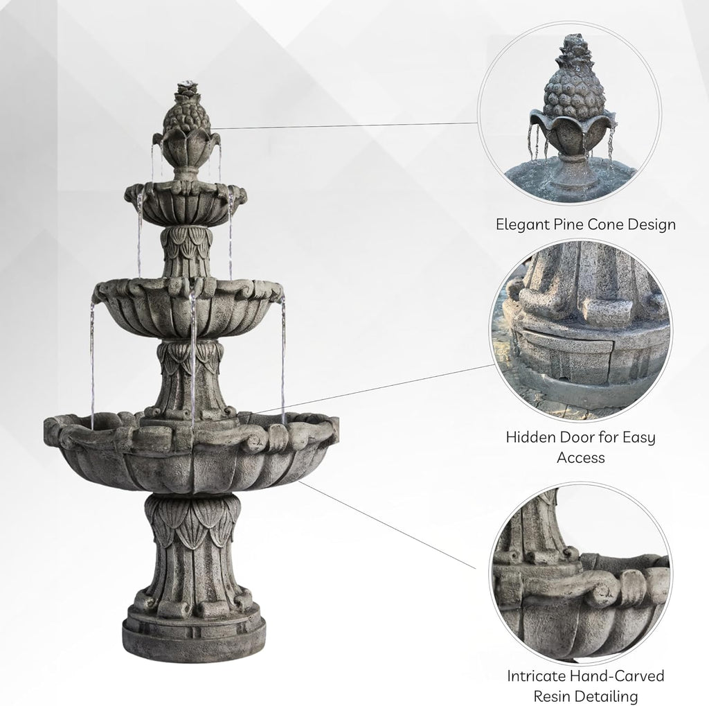 XBrand Large Outdoor Electric Bird Bath Fountain 58.3', 3-Tier Garden Water Fountain with Pump, Classic Leaf Design, Gray Resin Floor Fountain for Yard, Lawn, Patio & Porch