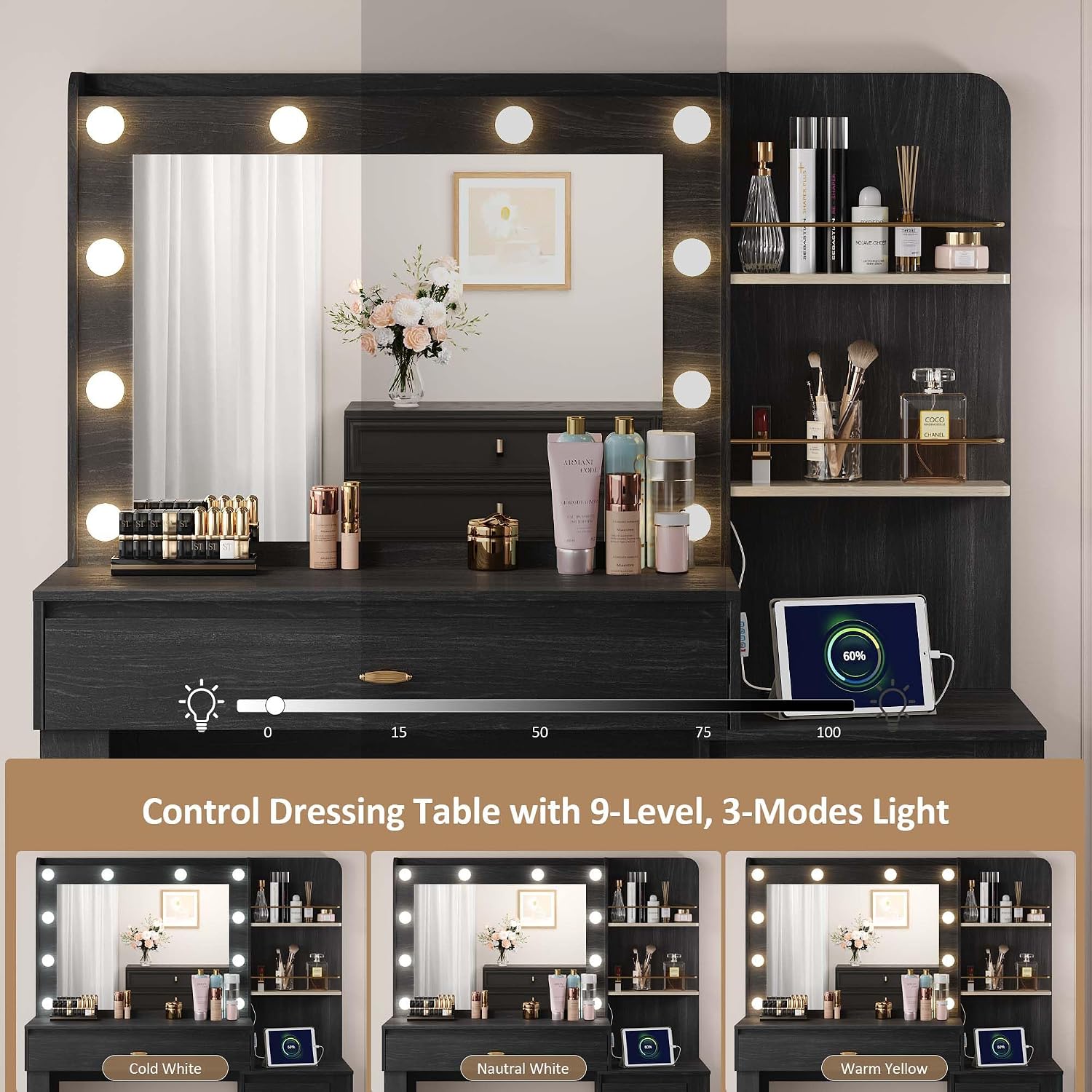 Makeup Vanity Desk with Mirror and 3 Colors Lights, Vanity Table with 10 LED Bulbs & Power Outlet, Large Dressing Table with 4 Drawers, 6 Storage Shelves for Bedroom, Women and Girls, Black