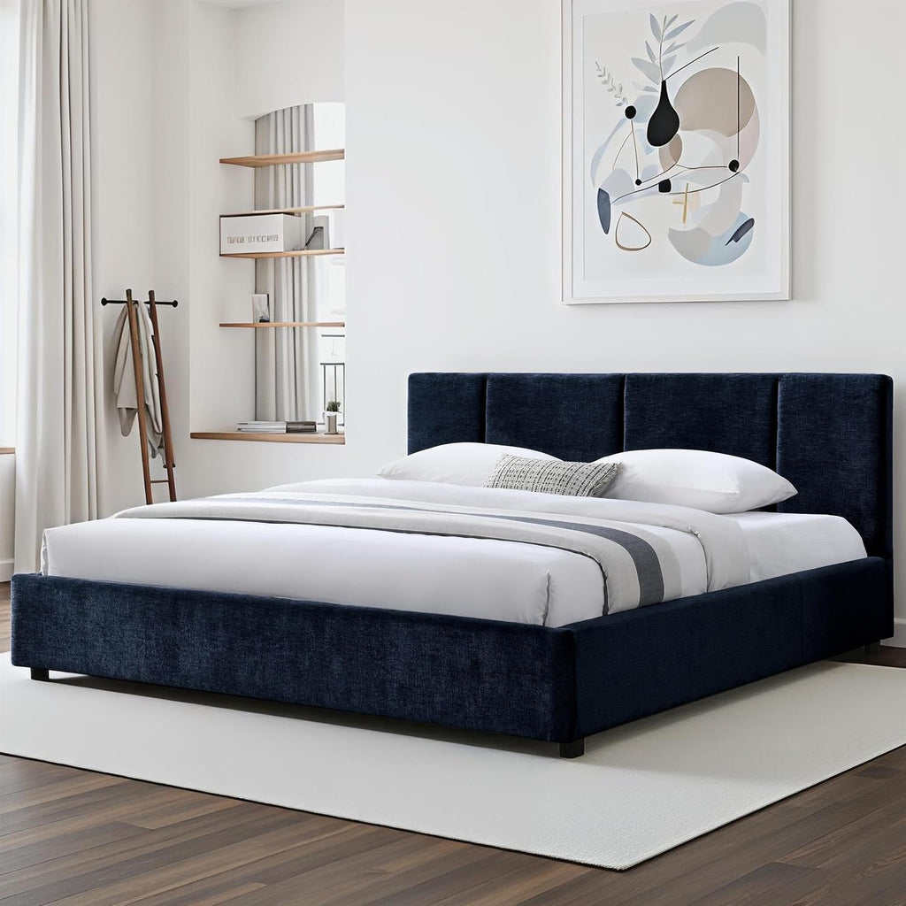 Venice Upholstered Platform Bed | Box Spring Not Required | Blue Fabric, King Size