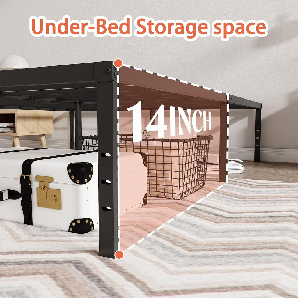 King Size Bed Frame14 inch High Metal Platform Bed Frames Heavy Duty King Bed Frame, No Box Spring Needed, Sturdy Steel Slat Foundation, Under Bed Storage, Easy Assembly