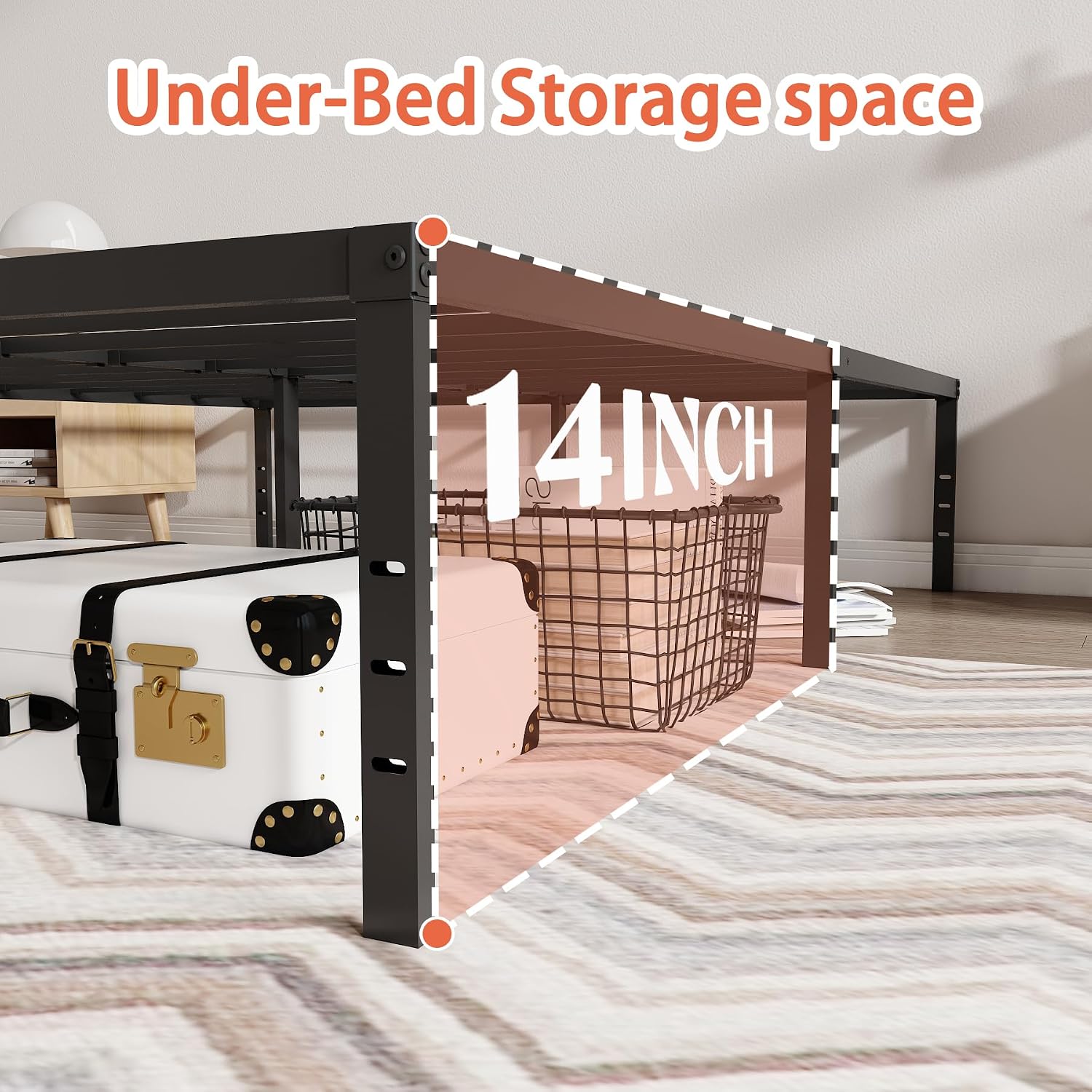 King Size Bed Frame14 inch High Metal Platform Bed Frames Heavy Duty King Bed Frame, No Box Spring Needed, Sturdy Steel Slat Foundation, Under Bed Storage, Easy Assembly