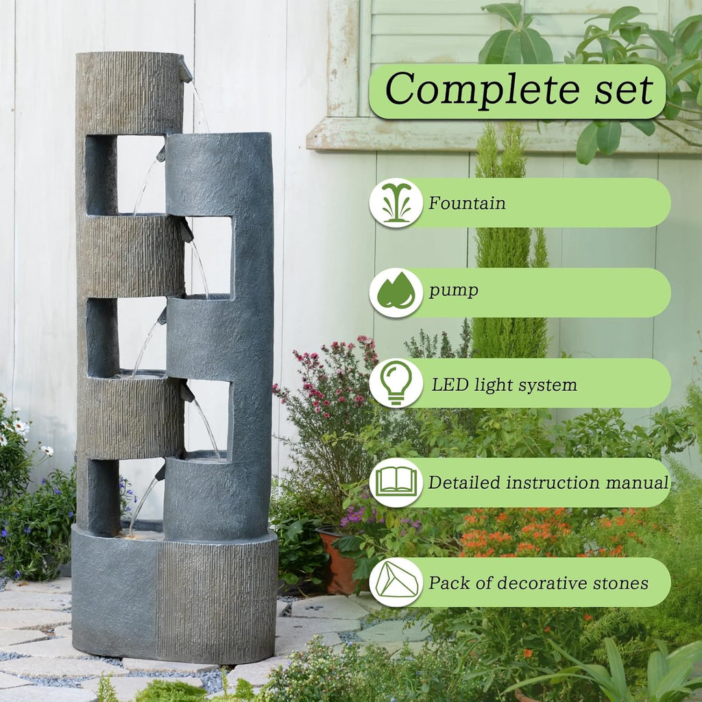 Sunlinua 51 Inch Outdoor Water Fountain with LED Lights Tiered Waterfall Fountain Garden Water Feature Durable Resin Fiberglass with Pump Stones Weatherproof Indoor Outdoor Patio Decor