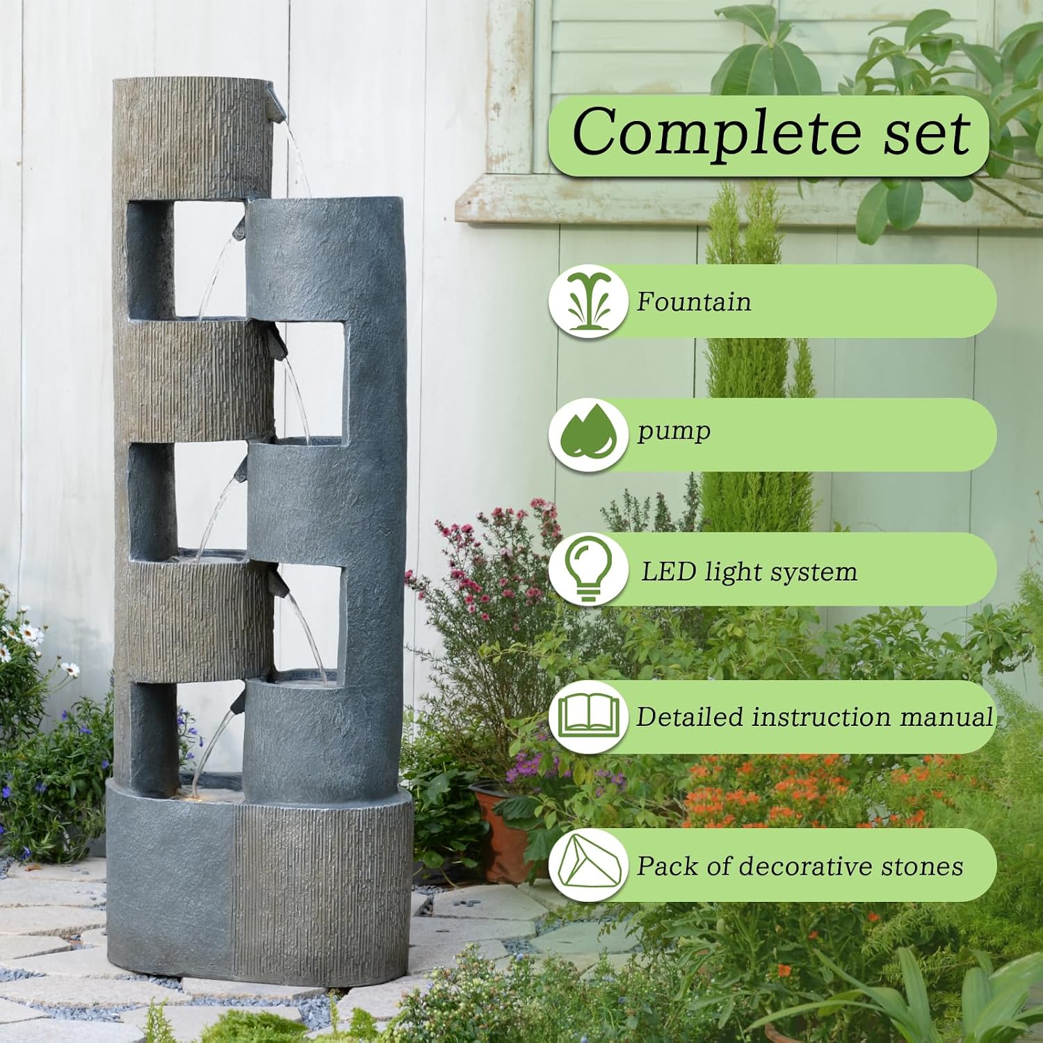 Sunlinua 51 Inch Outdoor Water Fountain with LED Lights Tiered Waterfall Fountain Garden Water Feature Durable Resin Fiberglass with Pump Stones Weatherproof Indoor Outdoor Patio Decor