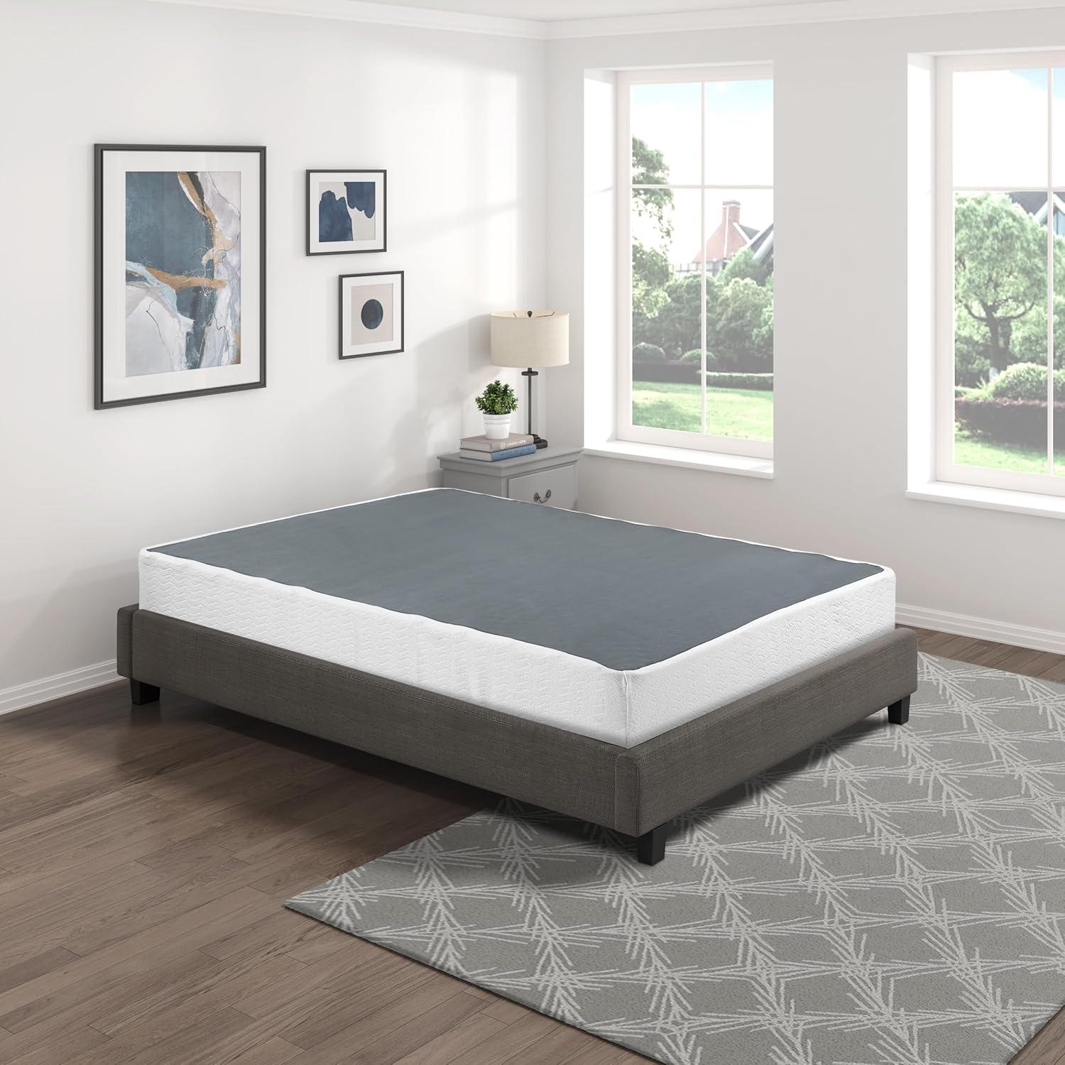 Eastern King Mattress Foundation 1pc Black Metal Frame with Textured Fabric Cover