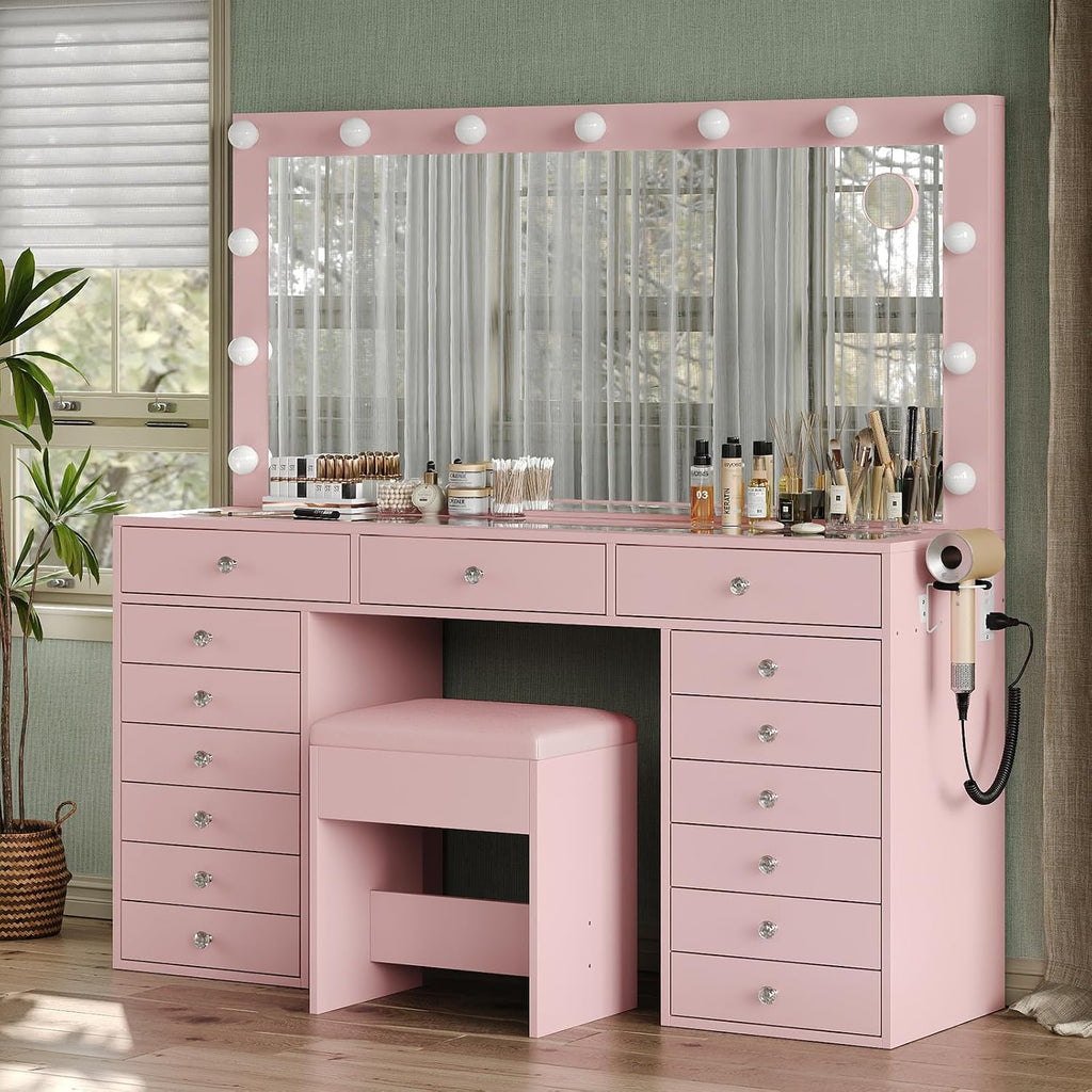 FUSOU 55' W Vanity Desk with Mirror and Lights, 15 Drawers Makeup Vanity with Charging Station, 3 Lighting Modes, Brightness Adjustable, Glass Top Makeup Vanity Desk with Chair for Bedroom, Pink