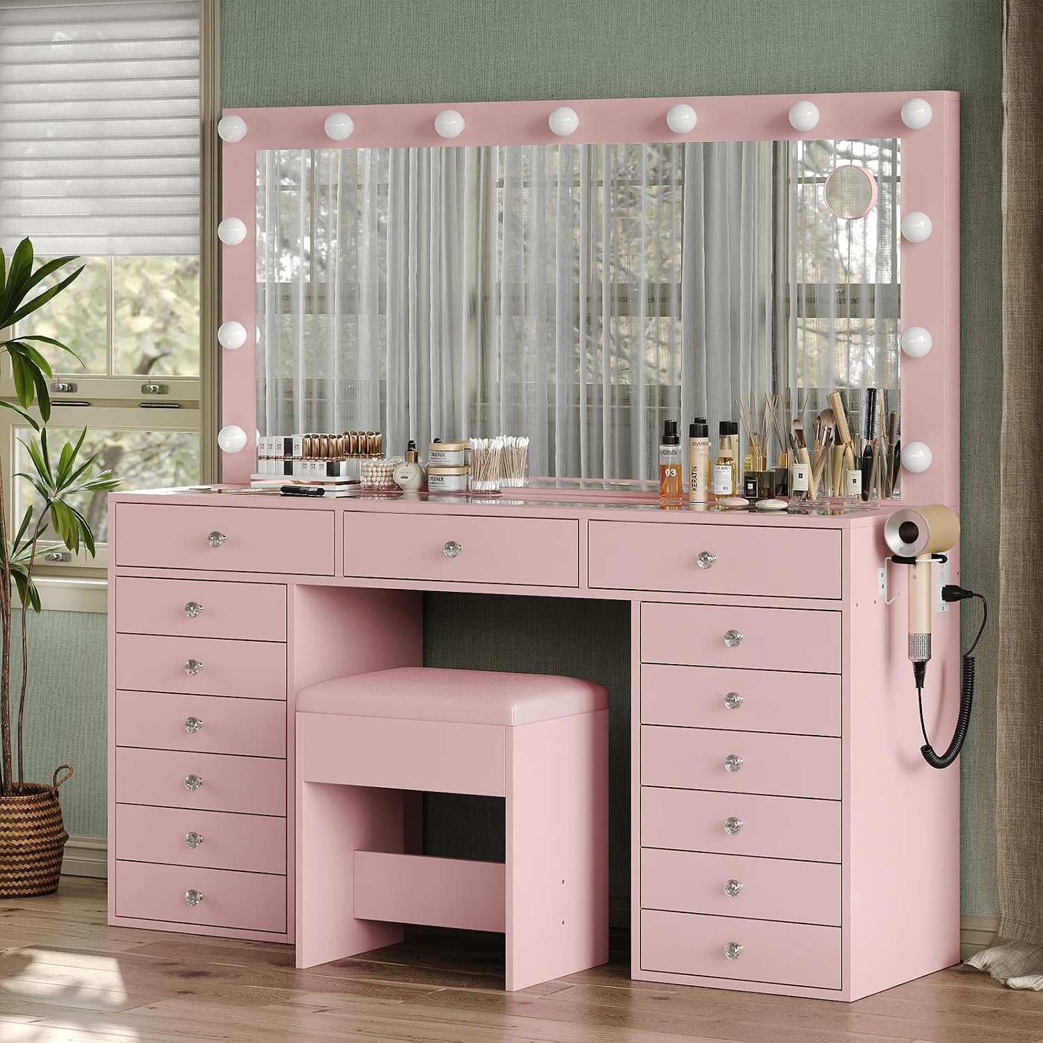 FUSOU 55' W Vanity Desk with Mirror and Lights, 15 Drawers Makeup Vanity with Charging Station, 3 Lighting Modes, Brightness Adjustable, Glass Top Makeup Vanity Desk with Chair for Bedroom, Pink
