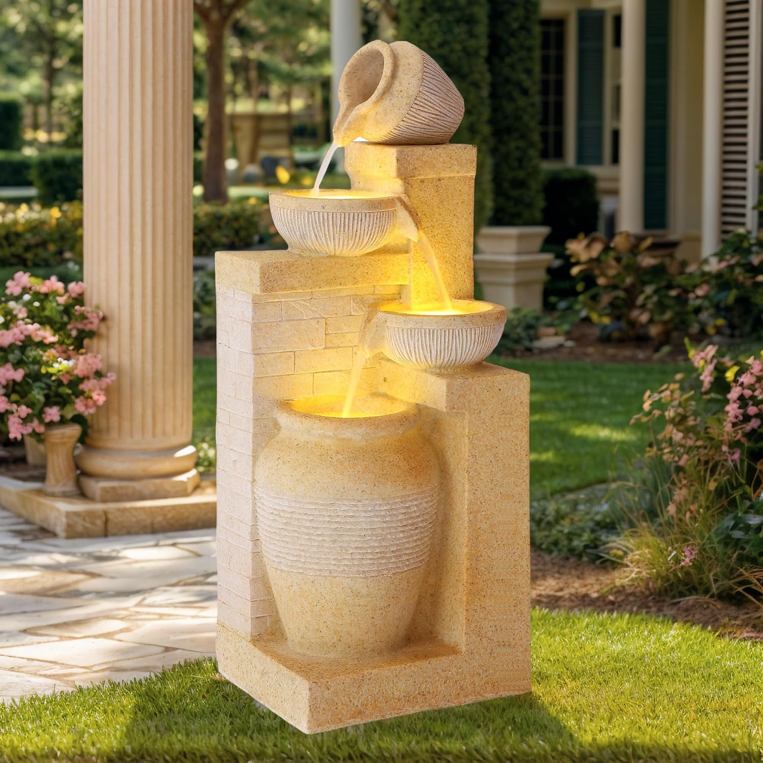 Grepatio Outdoor 4-Tiers Water Fountain, Garden Cascading Waterfalls Fountain with LED Lights, 32'H Modern Indoor/Outdoor Bowl Waterfall Feature Water Fountains for Garden, Patio, Yard Decor (Yellow)