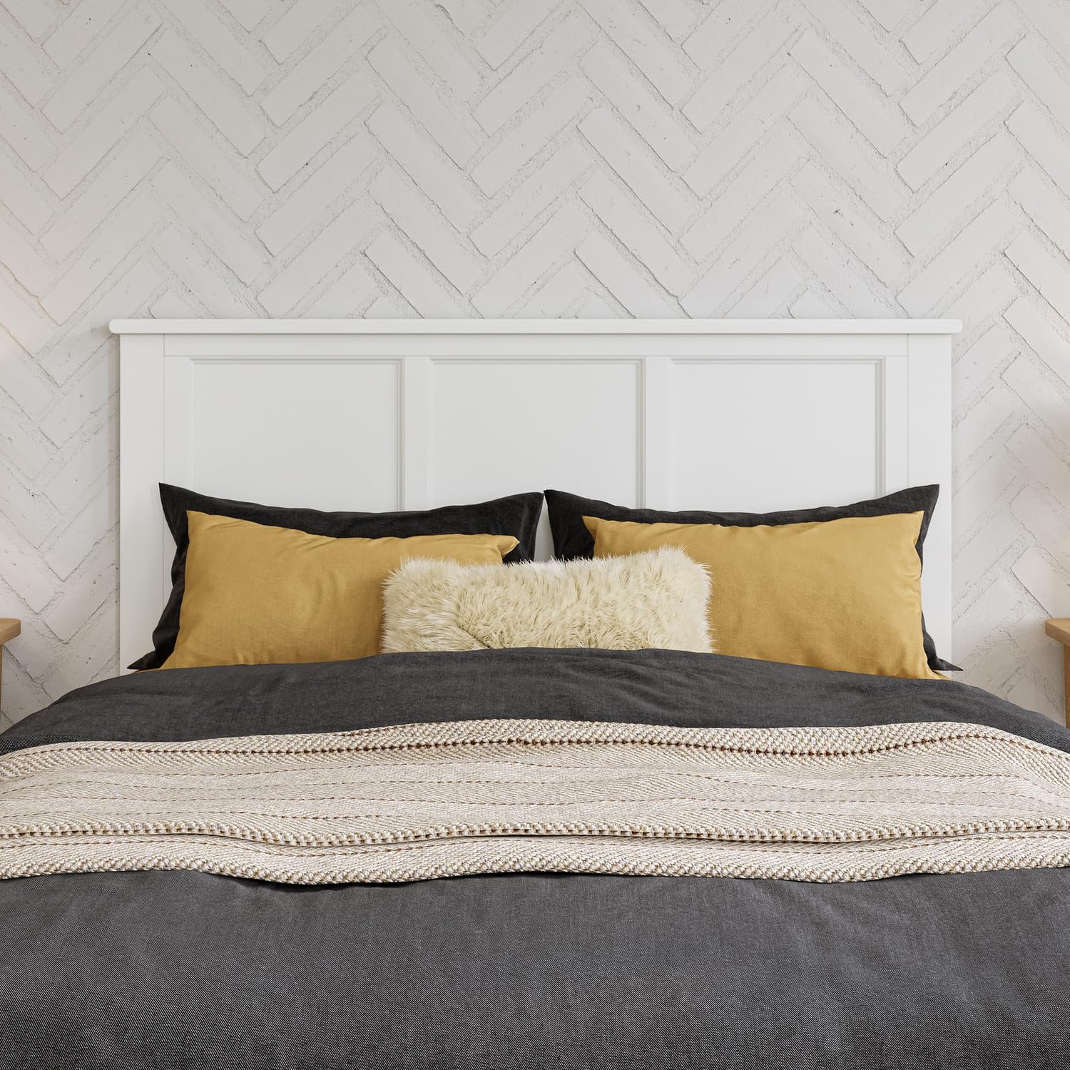 HomeStock Victorian Headboard with USB Charger Wood Panel Design Metal Bed Frame Compatible White/Full