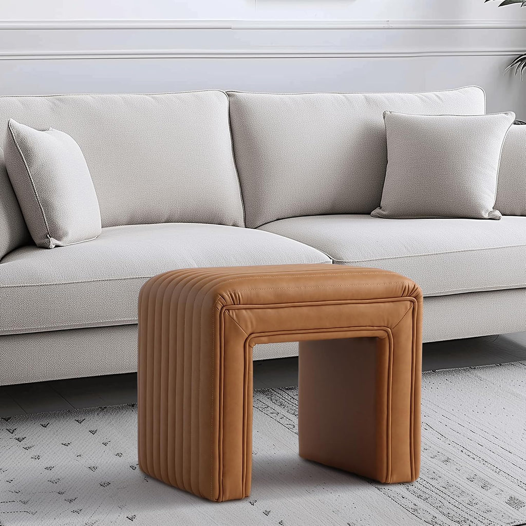 Get Set Style Vanity Stool Chair,Modern Leather Ottoman Foot Stool with Wooden Legs Sofa Bench Footstool Extra Seat for Vanity,Makeup Room,Living Room,Entryway,Office (Fully Assembled)
