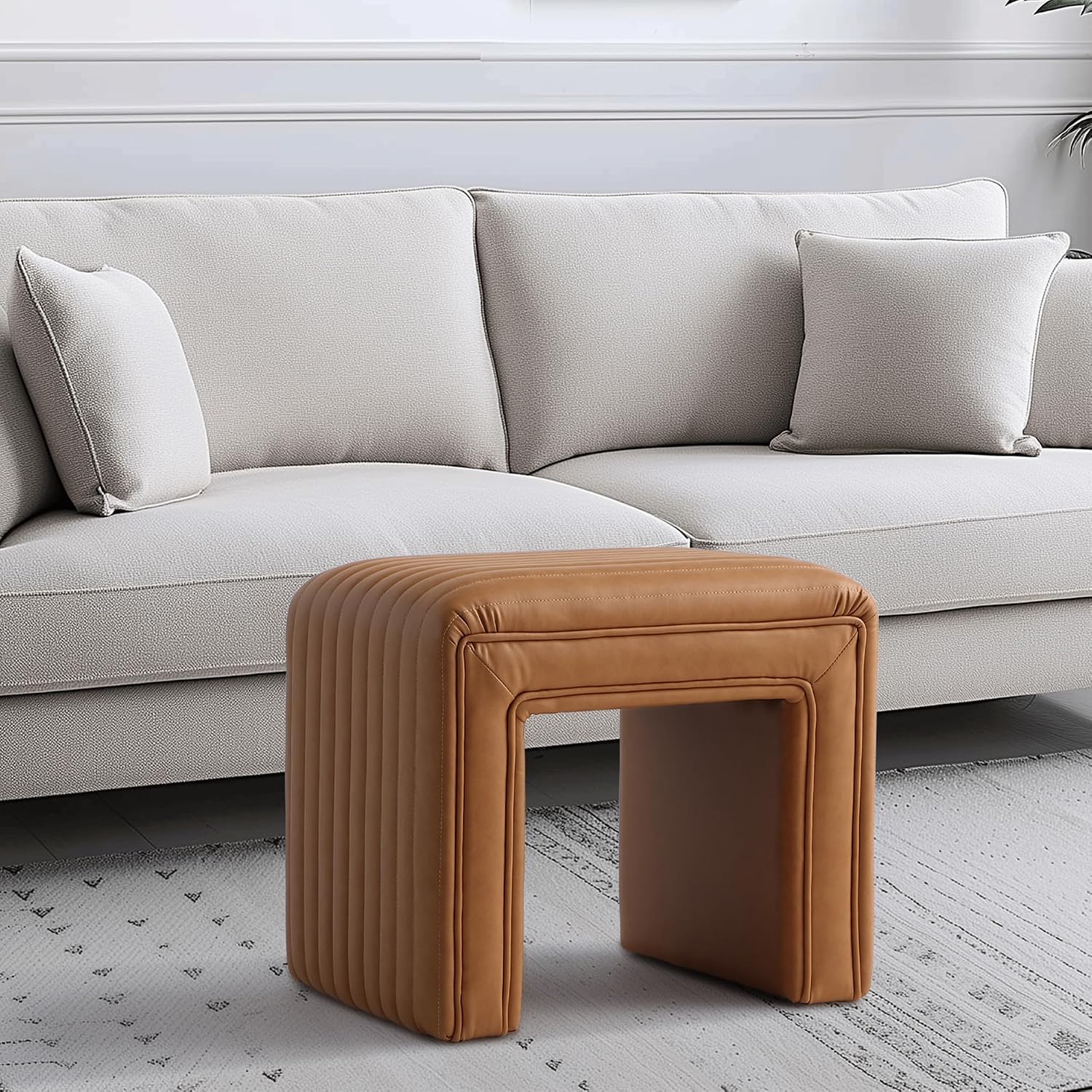 Get Set Style Vanity Stool Chair,Modern Leather Ottoman Foot Stool with Wooden Legs Sofa Bench Footstool Extra Seat for Vanity,Makeup Room,Living Room,Entryway,Office (Fully Assembled)