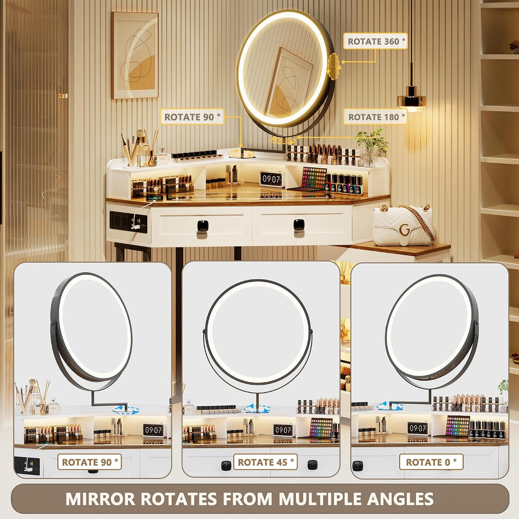 FREDEES Makeup Vanity with Mirror and Lights, Corner Vanity Table with Charging Station for Bedroom/Cloakroom, Glass Top Vanity Set with Drawers and Shelves, White