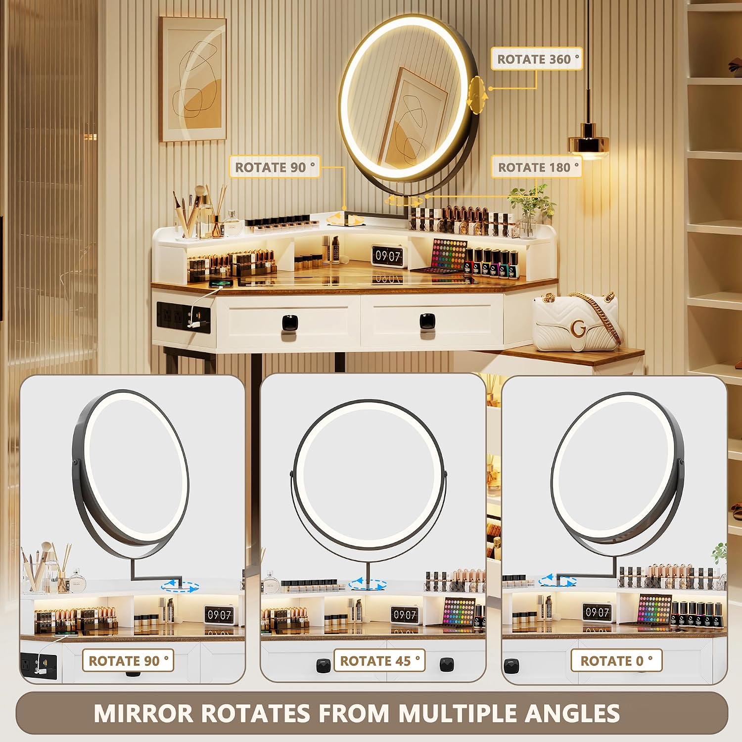 FREDEES Makeup Vanity with Mirror and Lights, Corner Vanity Table with Charging Station for Bedroom/Cloakroom, Glass Top Vanity Set with Drawers and Shelves, White