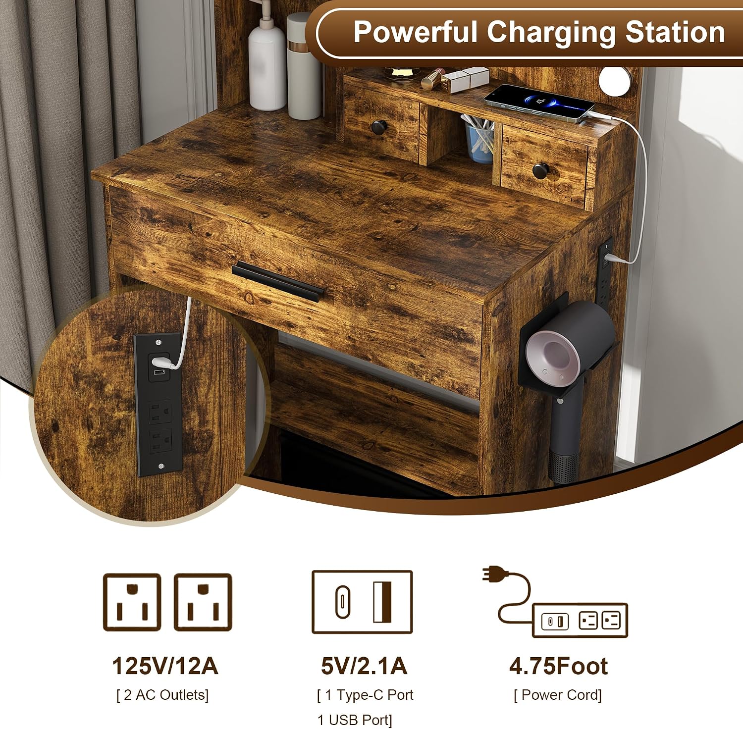 Runboll Small Vanity Desk with Mirror and Lights, Compact Makeup Vanity with Power Strip & Hairdryer Holder, Dressing Table Set with Stool, Drawers & Shelves