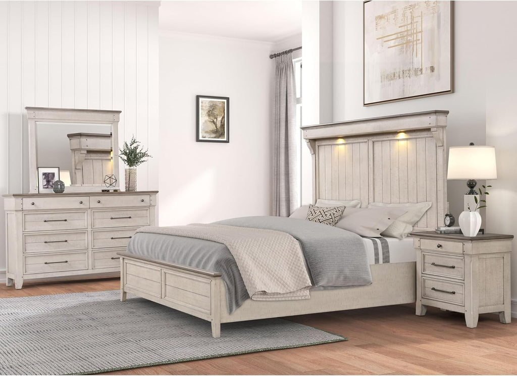 Roundhill Furniture Walcott 4-Piece Bedroom Set with Touch LED Lighting, Weathered Dusty-Taupe Finish, King