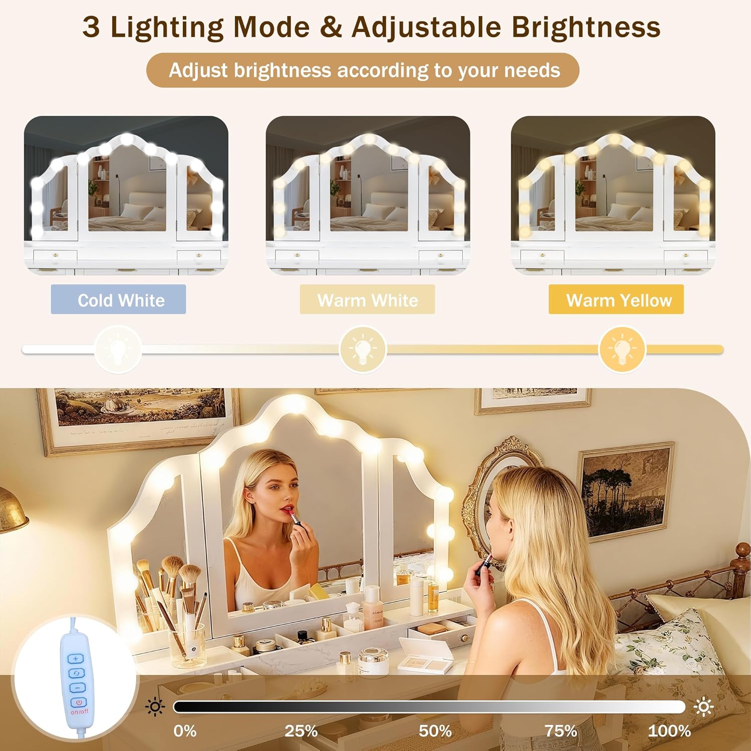 JIJIWANG 44.37' Makeup Vanity Desk with 13 Hollywood Bulbs and 3 Lighting Modes, Dressing Table with Tri-Fold Mirror, Large Vanity Table with 5 Drawers and Shelves and 2 Cabinets for Bedroom, White