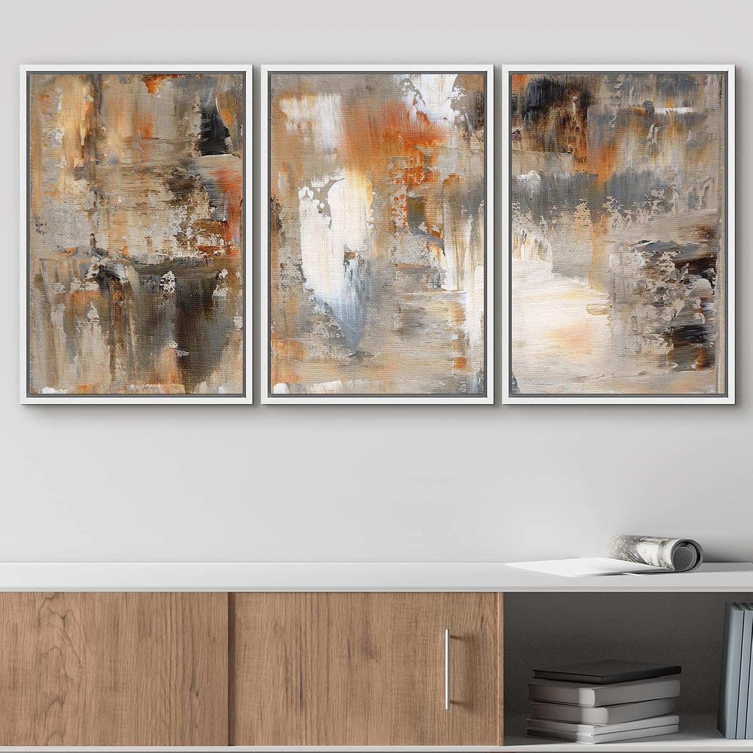 wall26 Framed Canvas Print Wall Art Set Black, White & Orange Brushstrokes Abstract Shapes Illustrations Modern Art Chic Colorful Multicolor Ultra for Living Room, Bedroom, Office - 16'x24'x3 White