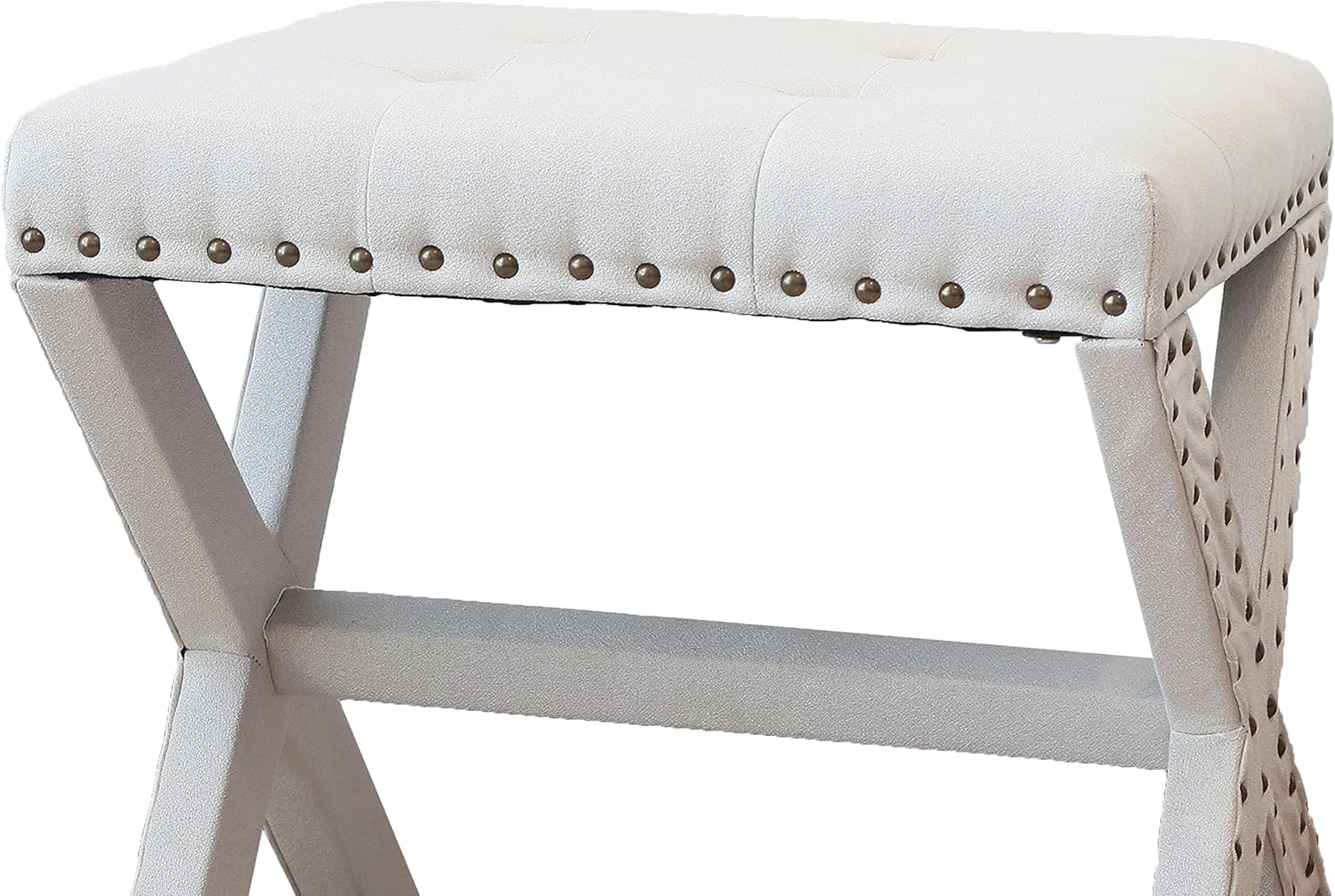 AC Pacific Modern Chic Vanity Stool Upholstered Chair with Soft Linen Fabric, Nailhead Trim, Tufted Seat and Solid Wood Frame, 17' D x 19' W x 20' H Set of 2, Beige
