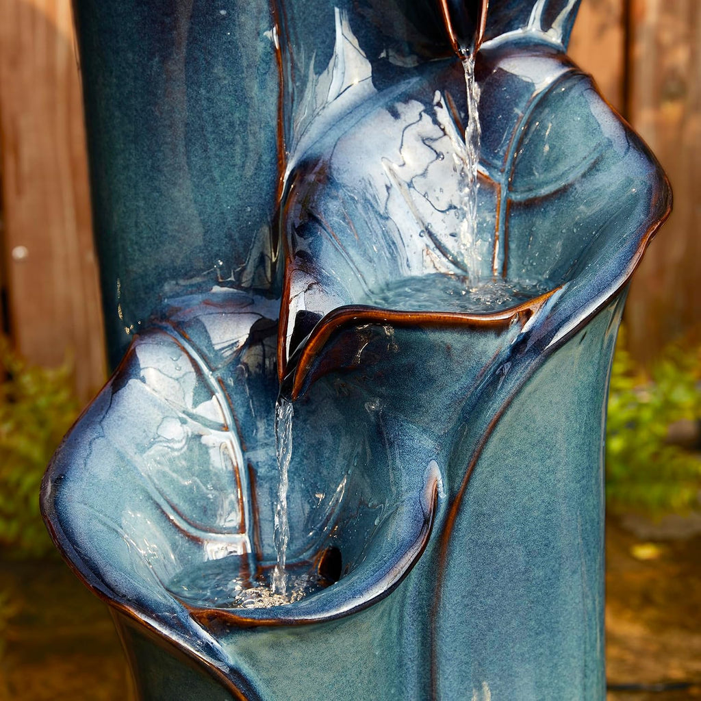 Glitzhome 31.25' H Outdoor Water Fountain with LED Lights and Pump, 4 Tier Turquoise Lotus Leaf Textured Ceramic Floor Standing Fountain, Vase Waterfall Fountains for Porch Deck Garden Patio Backyard